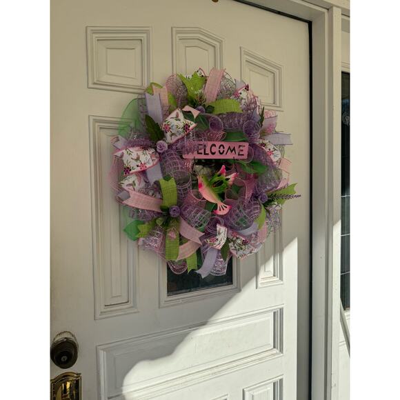 Welcome Hummingbird Mesh Ribbon Spring & Summer Wreath Door Hanger Home Decor - Picture 7 of 8